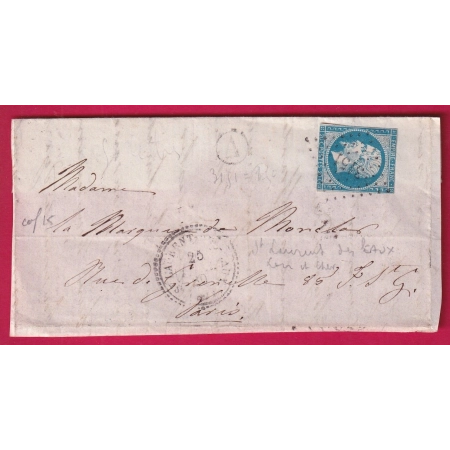 N°14 PC 3151 ST LAURENT DES EAUX LOIR ET CHER POUR PARIS 1860 DEVANT DE LETTRE FRONT COVER INDICE 15 CAD TYPE 22 LETTRE