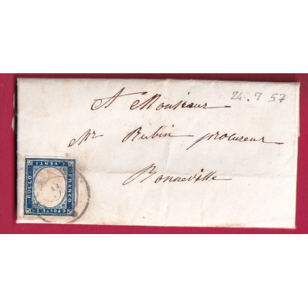 TIMBRE SARDE 20C CAD SALLANCHES HAUTE SAVOIE TEXTE DE PASSY 1857 POUR BONNEVILLE LETTRE