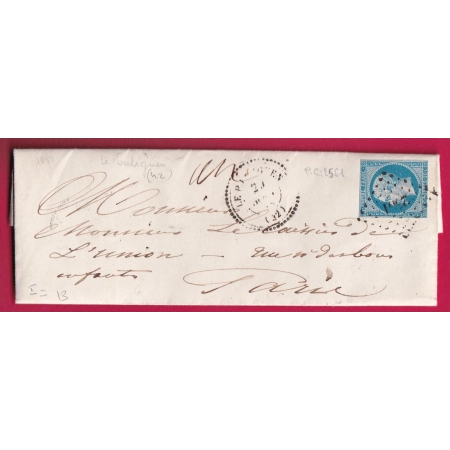 N°14 PC 2561 LE POULIGUEN LOIRRE INFERIEURE CAD TYPE 22 POUR PARIS INDICE 13 LETTRE