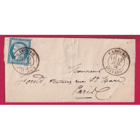 N°60 CAD TYPE 18 CABOURG CALVADOS 1876 POUR PARIS LETTRE