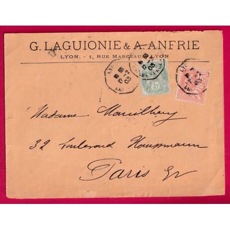 N°111 117 LEVEE EXCEPTIONELLE LYON LES TERREAUX RHONE 1903 POUR PARIS LETTRE COVER