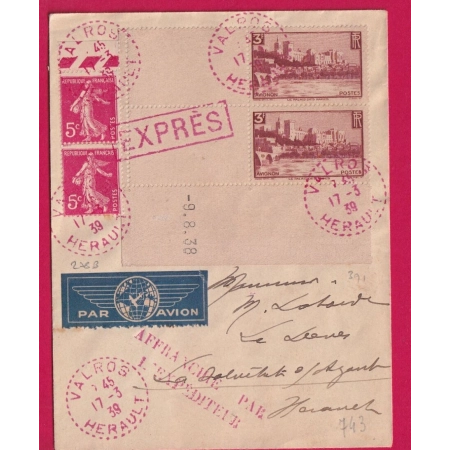 N°276B 391 COIN DATE CAD ROUGE POINTILLES VALROS HERAULT PAR AVION EXPRESS LETTRE COVER