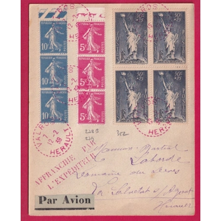 N°278B 279 352 BLOC DE 4 CAD ROUGE POINTILLES VALROS HERAULT PAR AVION EXPRESS LETTRE COVER