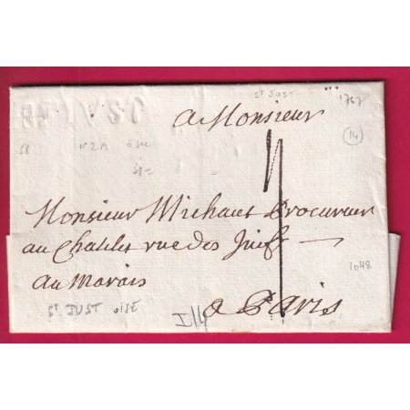 MARQUE A SEC ST JUST OISE 1767 LENAIN N°2A POUR PARIS INDICE 14 LETTRE