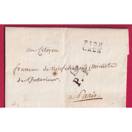 MARQUE P13P CAEN + PP BONNET PHRYGIEN AN 7 1799 CALVADOS POUR PARIS LETTRE