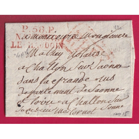 MARQUE P58P NANTEUIL LE HAUDOIN OISE EN ROUGE 1820 POUR CHALON SUR SAONE ET LOIRE INDICE 15 LETTRE COVER