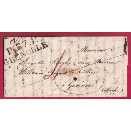 MARQUE P37P GRENOBLE ISERE 1827 POUR GENEVE SUISSE MARQUE GENEVE EN ARRIVE LETTRE COVER