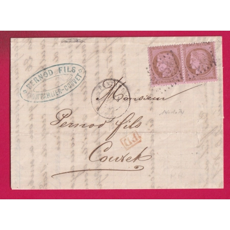 N°58 PAIRE GC 2964 PONTARLIER DOUBS POUR COUVET SUISSE TARIF FRONTALIER LETTRE COVER