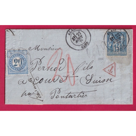 N°90 ALAIS GARD TAXE SUISSE 20C BLEU COUVET MAISON PERNOD ETIQUETTE PUB AU DOS LETTRE COVER