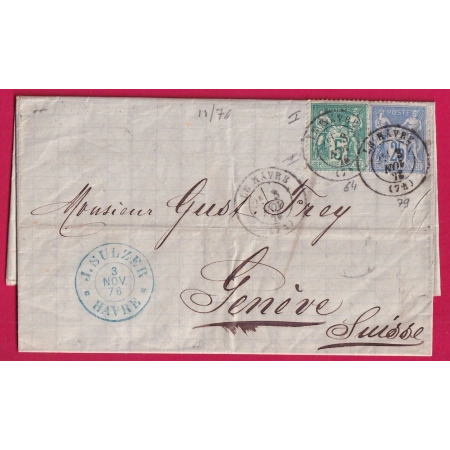 N°64 79 CAD LE HAVRE SEINE INFERIEURE POUR GENEVE SUISSE 1876 LETTRE