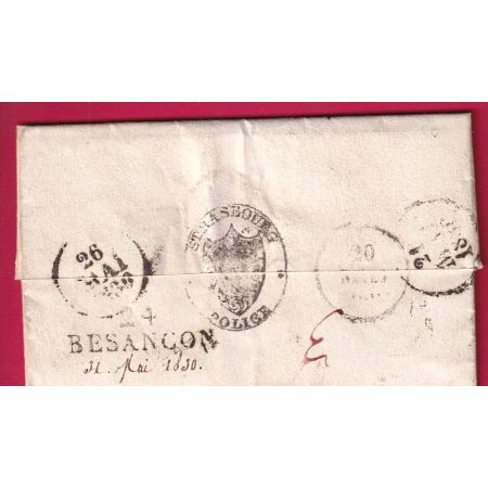 MARQUE 24 BESANCON DOUBS UTILISEE EN DEBOURSE DEPART MAIRIE DE STRASBOURG HAUT RHIN 1830 LETTRE COVER