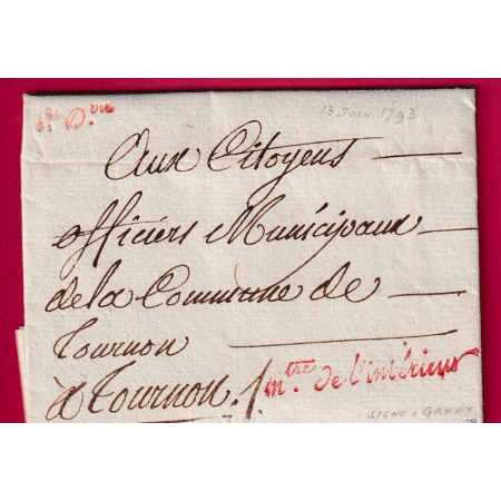 FRANCHISE MINISTRE DE L'INTERIEUR PARIS 1793 SIGNE GARAT LE MINISTRE POUR TOURNON ARDECHE LETTRE COVER