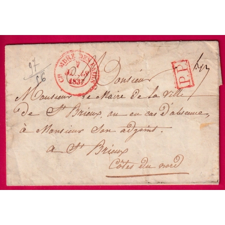 CAD TYPE 14 CHAMBRE DES PAIRS  PARIS 1837 + PP ROUGE POUR ST BRIEUC COTES DU NORD LETTRE COVER