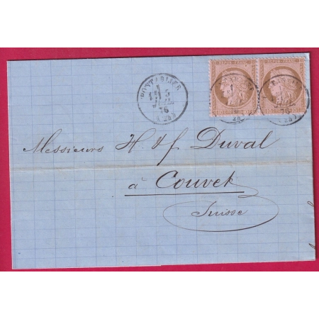 N°54 PAIRE CAD TYPE 16 PONTARLIER POUR COUVET SUISSE TARIF FRONTALIER LETTRE COVER