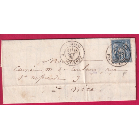 N°90 CAD MONACO PRINCIPAUTE 1878 POUR NICE ALPES MARITIMES LETTRE COVER