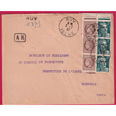 N°681 713 BANDES DE TROIS RECOMMANDE PROVISOIRE RUY ISERE 1947 POUR GRENOBLE LETTRE COVER