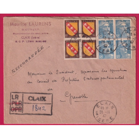 N°718A 756 BLOC DE 4 RECOMMANDE PROVISOIRE CLAIX ISERE 1947 POUR GRENOBLE LETTRE COVER