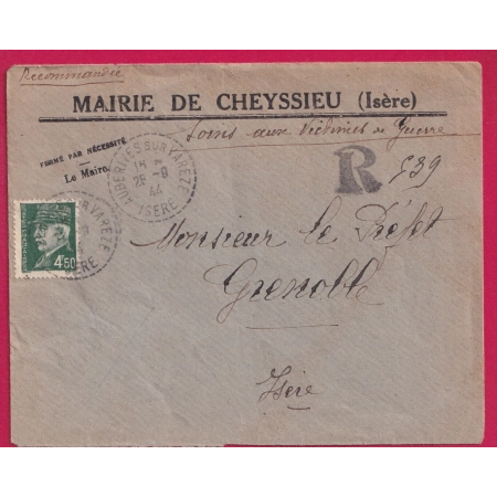N°523 AUBERIVE SUR VAREZE ISERE 1944 RECOMMANDE PROVISOIRE 1944 POUR GRENOBLE LETTRE COVER