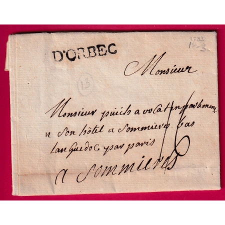 MARQUE D' ORBEC CALVADOS LENAIN N°3 INDICE 12 POUR SOMMIERES GARD LETTRE COVER