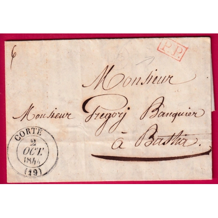 CAD TYPE 13 CORTE CORSE + PP ROUGE POUR BASTIA 1844 INDICE 9 LETTRE COVER