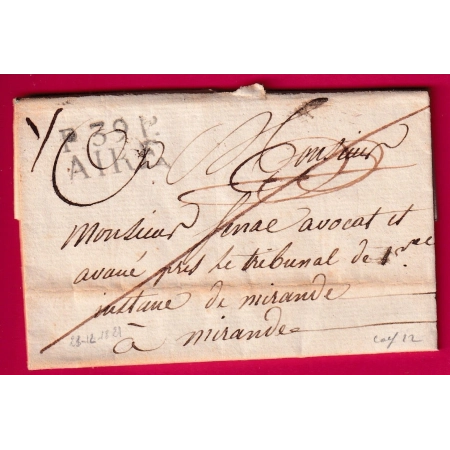 MARQUE P39P AIRE LANDES POUR MIRANDE GERS 1821 INDICE 12 LETTRE COVER