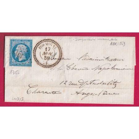 N°14 PC 1315 FORMIGNY CALVADOS CAD TYPE 22 POUR ANGOULEME CHARENTE INDICE 13 LETTRE