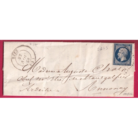 N°14 BLEU FONCE PC 2673 + CAD TYPE 14 RIEZ BASSES ALPES POUR ANNONAY ARDECHE INDICE 14 LETTRE