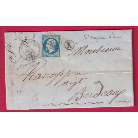 N°14 PC 1397 GINESTAS AUDE BOIE RURALE K ST NAZAIRE D'AUDE POUR BORDEAUX CAD MOIS INVERSE LETTRE