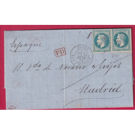 N°29 PAIRE PARIS ETOILE 4 RUE ENGHEINS POUR MADRID ESPAGNE 23 FEVRIER 1871 LETTRE ETIQUETTE PUB
