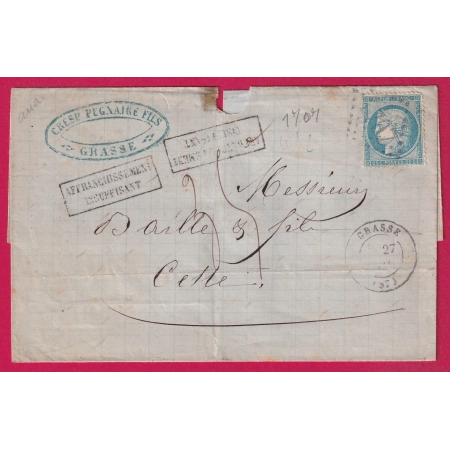 N°60 GC 1707 GRASSE ALPES MARITIMES TAXE 35C AFFRANC INSUFF POUR CETTE HERAULT LETTRE