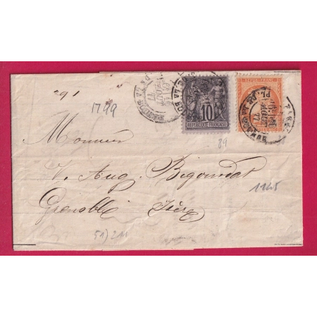 N°38 + 89 MIXTE SAGE CERES PARIS PL DA LA BOURSE POUR GRENOBLE ISERE 1877 LETTRE
