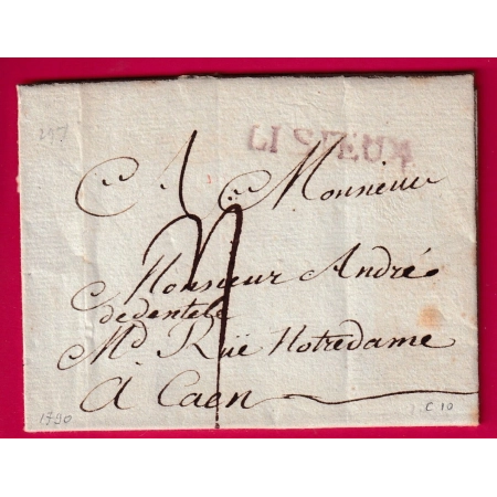 MARQUE LISIEUX CALVADOS COULEUR LILAS 1790 POUR CAEN LENAIN N°6 INDICE 10 LETTRE COVER