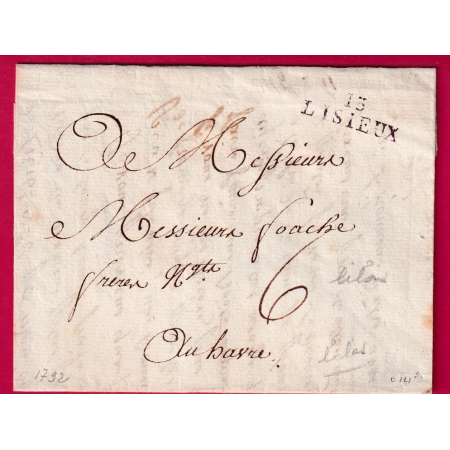 MARQUE 13 LISIEUX CALVADOS COULEUR LILAS 1792 INDICE 14 POUR LE HAVRE SEINE INFERIEURE LETTRE COVER