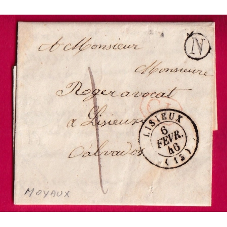 CAD TYPE 15 LISIEUX CALVADOS 1846 BOITE RURALE N MOYAUX CL ROUGE TAXE LOCALE 1 POUR LISIEUX LETTRE COVER