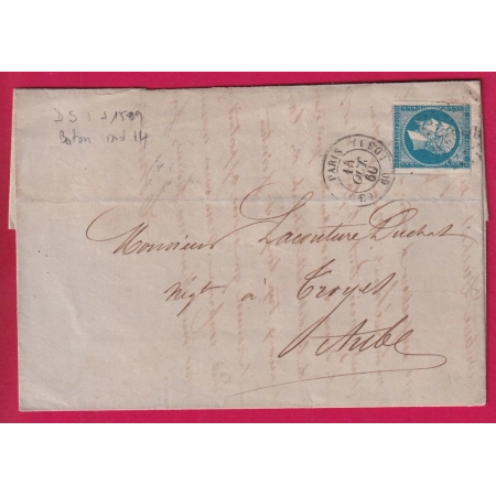 N°14 PARIS DS1 60 GE P1509 POUR TROYES AUBE INDICE 14 LETTRE COVER