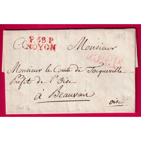 MARQUE P58P NOYON OISE EN ROUGE PPPP POUR BEAUVAIS 1815 INDICE 12 LETTRE COVER