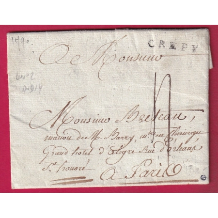 MARQUE CREPY EN VALOIS OISE LENAIN N°2 INDICE 14 1790 POUR PARIS LETTRE COVER