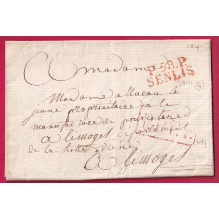 MARQUE P58P SENLIS OISE 1817 POUR LIMOGES HAUTE VIENNE PPPP INDICE 13 LETTRE COVER