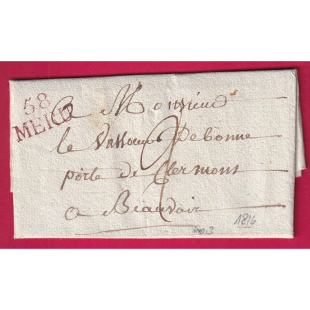 MARQUE 58 MERU OISE 1816 POUR BEAUVAIS INDICE 13 LETTRE COVER