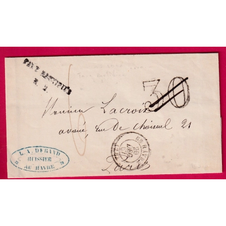 GRIFFE TAXE RECTIFIEE R2 LE HAVRE SEINE INFERIEURE 1867 POUR PARIS LETTRE COVER