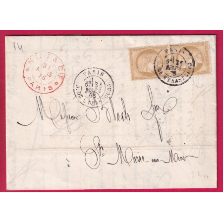 N°55 CAD PARIS R DE STRASBOURG 31 MARS 1876 UN JOUR AVANT OBLIGATION CAD SUR TP POUR STE MARIE AUX MINES HAUT RHIN