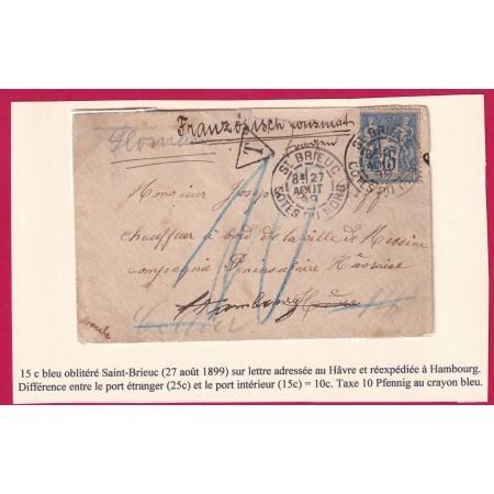 N°90 ST BRIEUC COTES DU NORD POUR HAMBOURG ALLEMAGNE TAXE 10 PF EN BLEU LETTRE