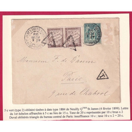 N°75 NEUILLY QUARTIER ST JAMES TAXE 20C 2X10C TYPE DUVAL MARRON PARIS BUREAU CENTRAL LETTRE