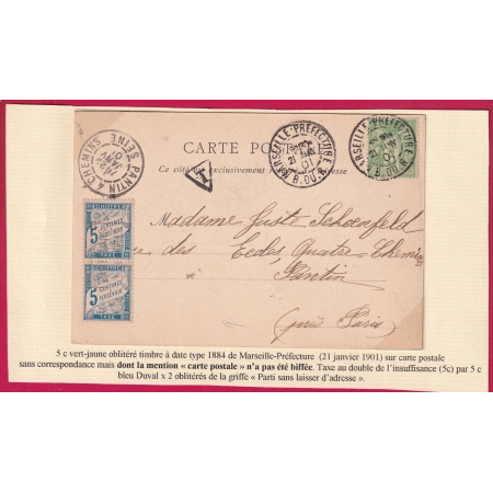 CARTE POSTALE NON AFFRANCHIE MARSEILLE TAXE DUVAL 5C BLEU OBL RECTANGLE PARTI SANS LAISSER D'ADRESSE PANTIN 4 CHEMINS
