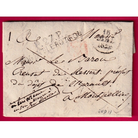 MARQUE P27P NOGENT LE ROTROU EURE ET LOIR 1828 POUR MONTPELLIER HERAULT LETTRE COVER