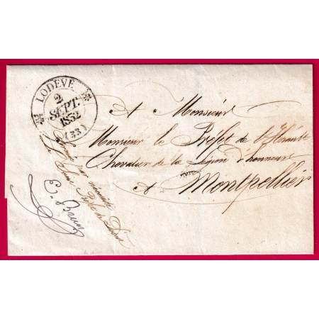 CAD TYPE 12 LODEVE HERAULT FRANCHISE MANUSCRIT LE SOUS PREFET DE LODEVE E. BRUN POUR MONTPELLIER LETTRE