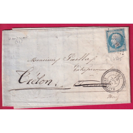 N°14 PC 4175 HAUTMONT NORD CAD TYPE 22 POUR AVESNES REEXP TRELON 1861 LETTRE