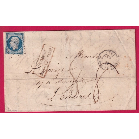 N°14 PC 3019 ST CHAMOND LOIRE TAXE MANUSCRIT 8 POUR LONDRES ANGLETERRE AFFR INSUFF LETTRE