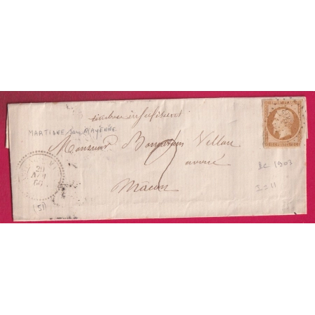 N°13 PC 1903 MARTIGNE SOUS MAYENNE CAD TYPE 22 POUR MACON TAXE MANUSCRIT 2 TIMBRE INSUFFISANT INDICE 11 LETTRE