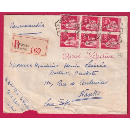 N°283 BLOC DE SIX LE MANS CPN°16 RECOMMANDE POUR NANTES 1940 POSTE AUTOMOBILE SARTHE LETTRE